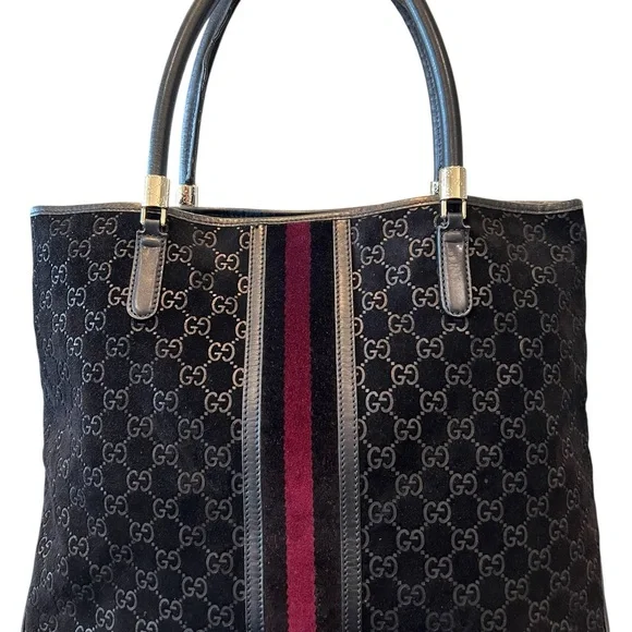 Gucci Black GG Canvas Tote with Burgundy Center Stripe - Picture 1 of 15